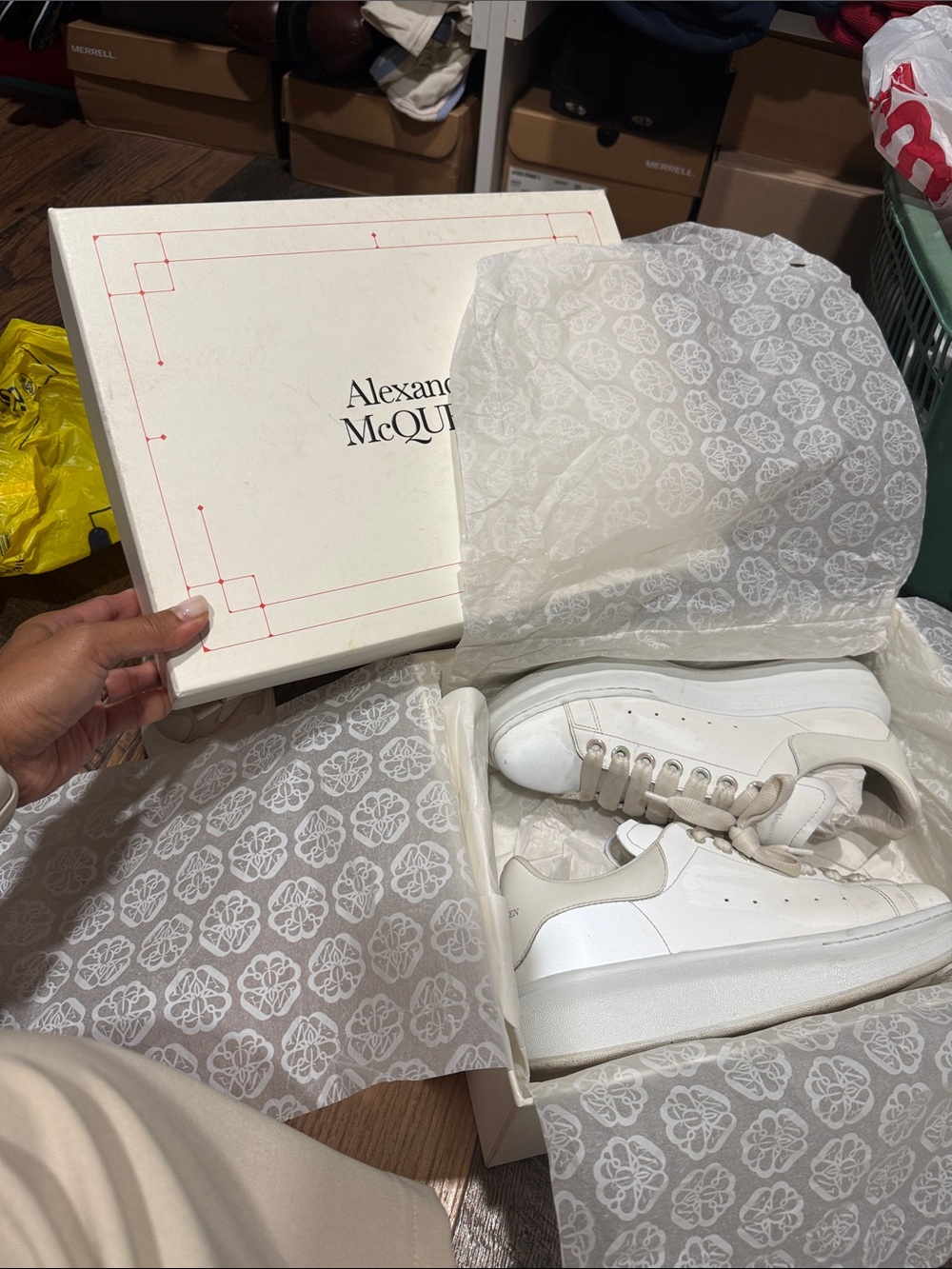Alexander McQueen Men's Sneakers in White with Iridiscent leather and lace holes